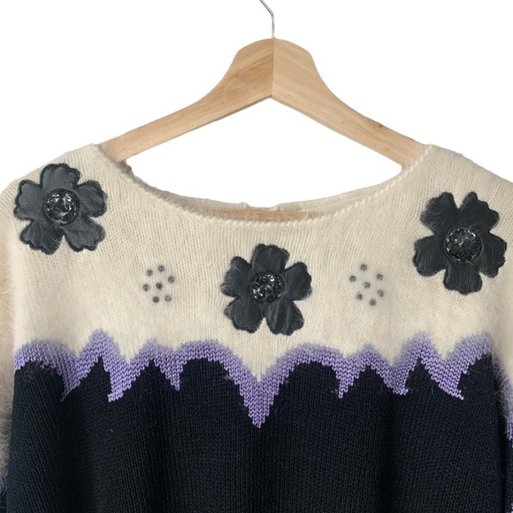 Vintage Lara Ferrante Angora Sweater Faux Leather Flowers Sequins Black Purple L - Picture 3 of 11
